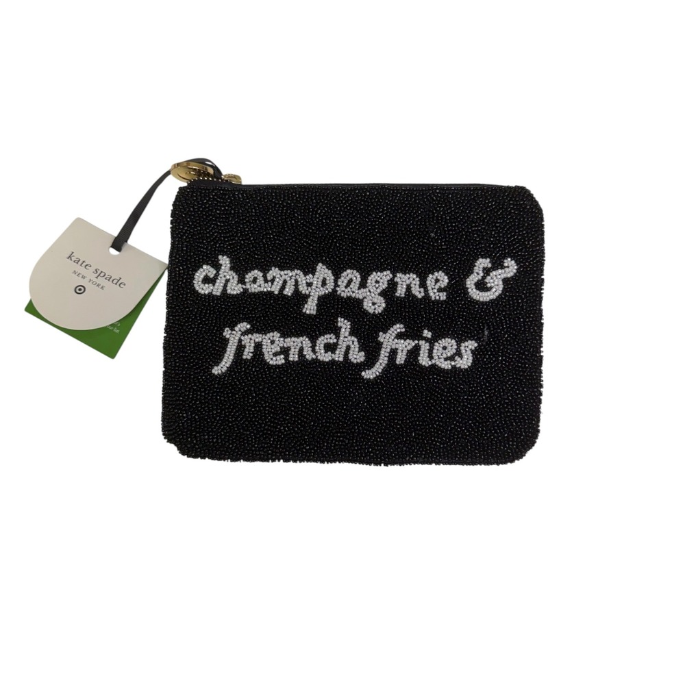 Kate Spade Champagne & French Fries Beaded Pouch Black Zip Clutch NWT Flaw